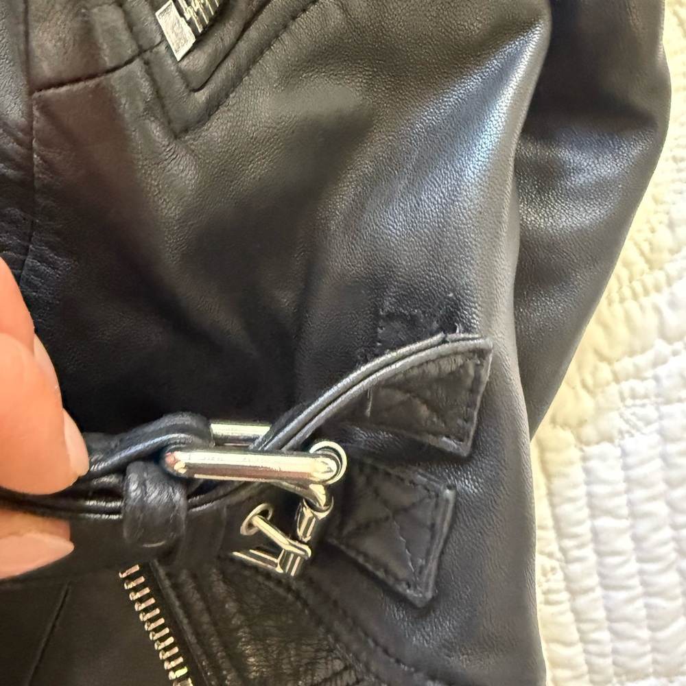 All Saints Black Leather Moto Jacket with Quilted Details - Picture 8 of 9
